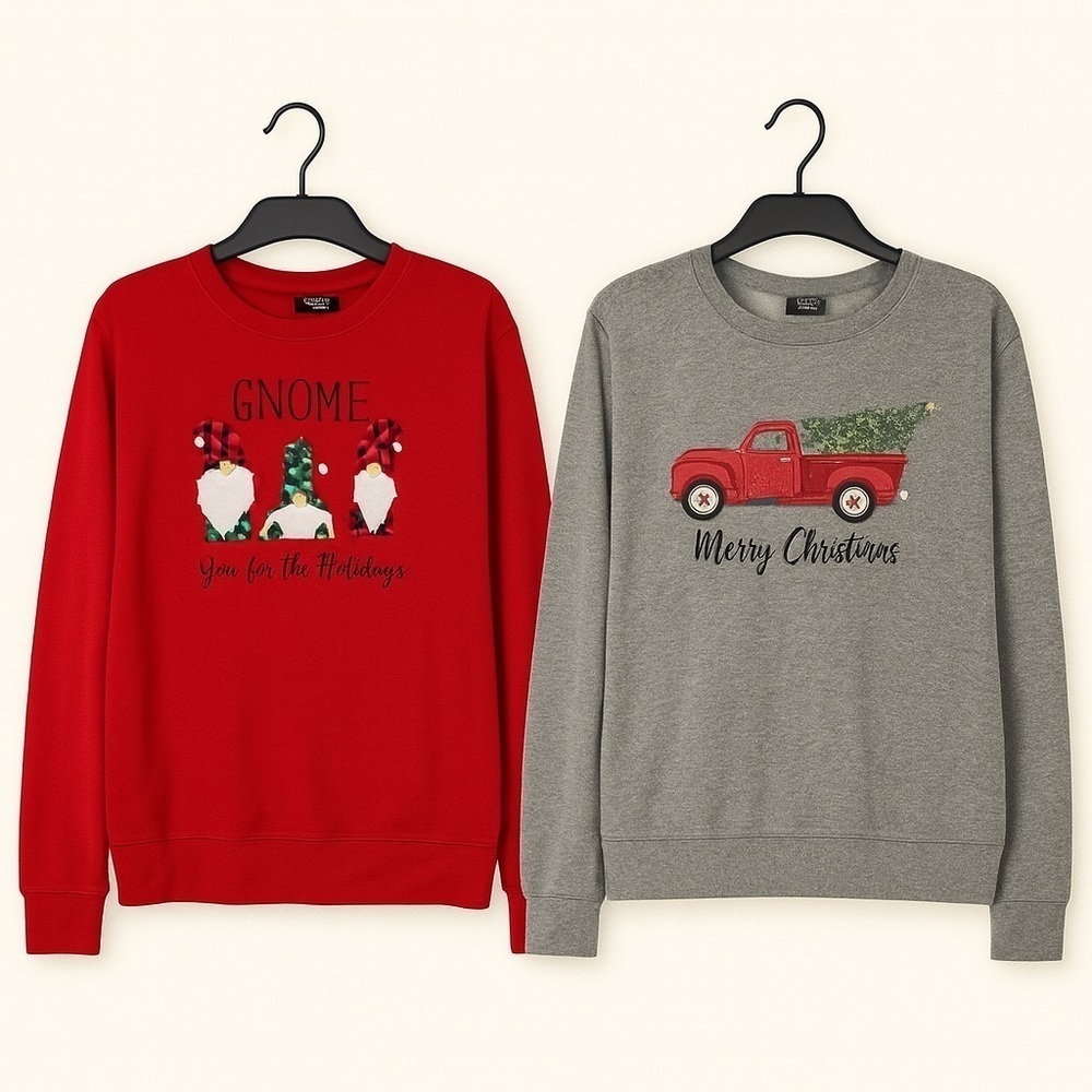 Christmas Tees - 2 Women’s Holiday tees. 1 red gnome, 1 gray truck. Size Medium - Picture 1 of 5